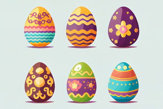 cartoon style illustration of colorful set andmade easter eggs on gray background . AI