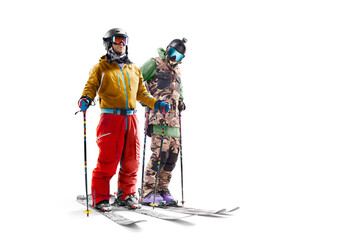 Skiing sport. Two skiers athlete looking into the distance. Sport emotion. Skiing. Winter sports. Freeriders. Isolated