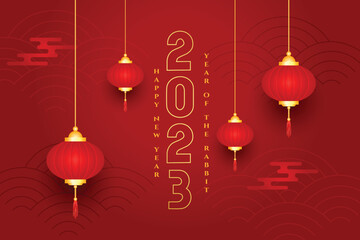 stylish 2023 chinese year of rabbit wishes card with red lamp