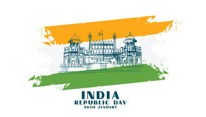 indian republic day banner with abstract tricolor and red fort design - obrazy, fototapety, plakaty
