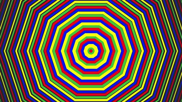 Color bold decagon simple flat geometric on dark grey black background loop. Colored decagonal radio waves endless creative animation. 