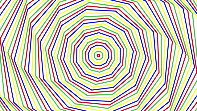 Color spin slim decagon simple flat geometric on white background loop. Colored spinning decagonal radio waves endless creative animation. 