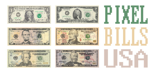 Vector set of pixel US banknotes. Paper American money on a white background.