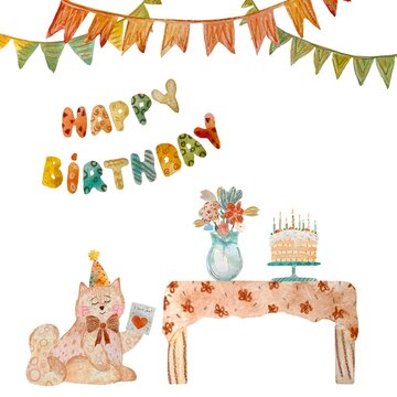 Flags birthday flower party toy cat watercolor