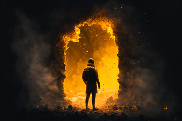 man looking in to unending entrance to another reality. Generative AI		