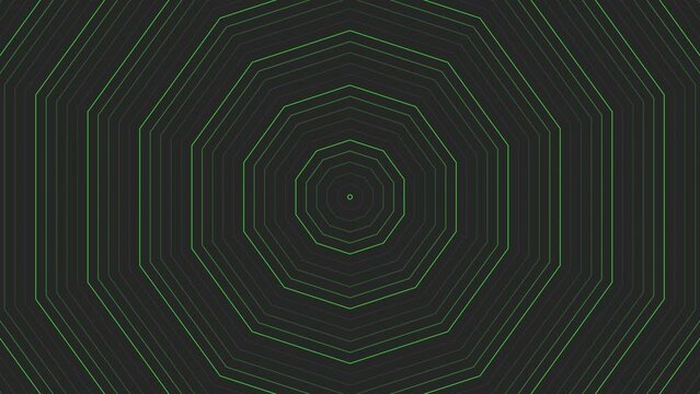 Green slim decagon star simple flat geometric on dark grey black background loop. Starry decagonal radio waves endless creative animation. 