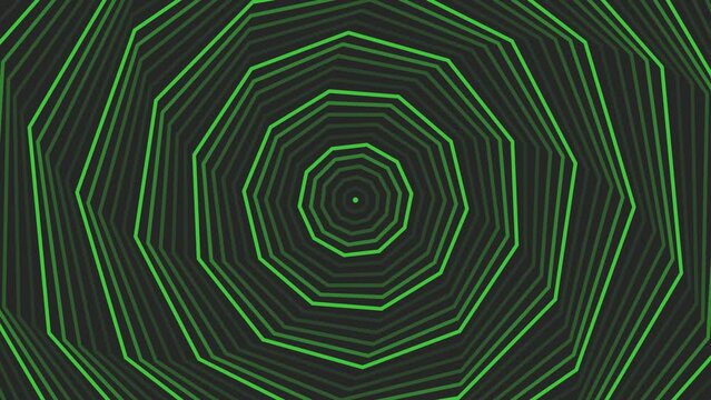 Green spin decagon star simple flat geometric on dark grey black background loop. Starry decagonal spinning radio waves endless creative animation. 