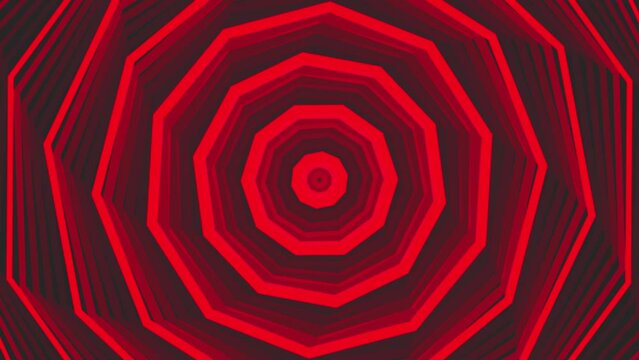 Red bold spin decagon star simple flat geometric on dark grey black background loop. Starry decagonal spinning radio waves endless creative animation. 