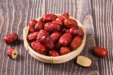 jujube,dried red dates on wooden table. 