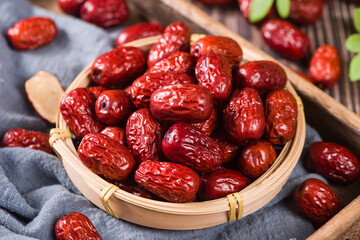 jujube,dried red dates on wooden table. 
