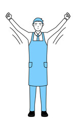 ラジオ体操をするエプロンを着た男性