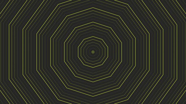 Yellow slim decagon star simple flat geometric on dark grey black background loop. Starry decagonal radio waves endless creative animation. 