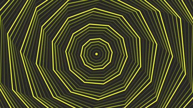 Yellow spin decagon star simple flat geometric on dark grey black background loop. Starry decagonal spinning radio waves endless creative animation. 