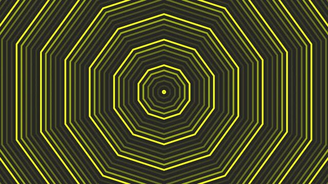 Yellow decagon star simple flat geometric on dark grey black background loop. Starry decagonal radio waves endless creative animation. 