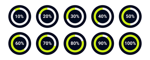 Set of circle percentage diagrams for infographics, Pie chart from 10 to 100. Vector illustration