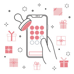 手に持ったスマートフォンのアプリ スタンプカード プレゼントのアイコンセット