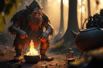 Troll giant cooking in the forest. Generative AI