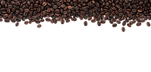 Dark roasted coffee beans setup on white background with copy space.