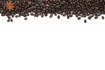 Dark roasted coffee beans setup on white background with copy space.