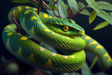 Fototapeta premium Green vine snake, Generative AI