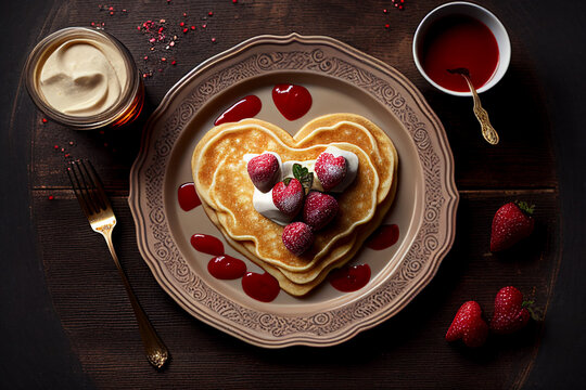 Heart Shaped Pancakes, Valentine's Day, Heart Pancakes, Breakfast, Romantic, Pancakes, Generative AI 