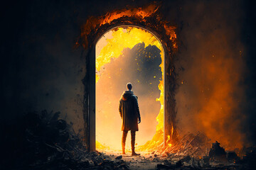 Fototapeta premium man looking in to unending entrance to another reality. Generative AI 