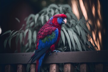 Crimson Rosella On fence or balcony created with Generative AI technology