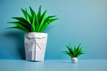 Generative AI. Colorful plant and flower origami paper crafts on blue background. copy space background for your text or message.