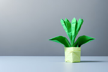 Generative AI. Colorful plant and flower origami paper crafts on gray background. copy space background for your text or message.