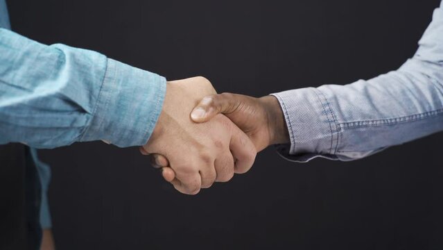 Close-up handshake of african man and white man. Agreed, greet, meet.
Black hand and white hand close-up greeting, making deal, new acquaintance.
