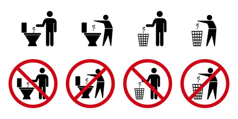 Throwing trash icon set transparent. Do not throw in the toilet icon set isolated. Trash sign toilet symbol icon. Rubbish, garbage throwing icon. - obrazy, fototapety, plakaty