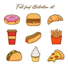 Fast food illustration set, junk food, donut, hot dog, burger, pizza, taco loco, ice cream, croissant vector