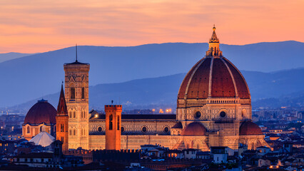 Sunset view of the Duomo cathedral and Bell Tower of Giotto in Florence, Italy