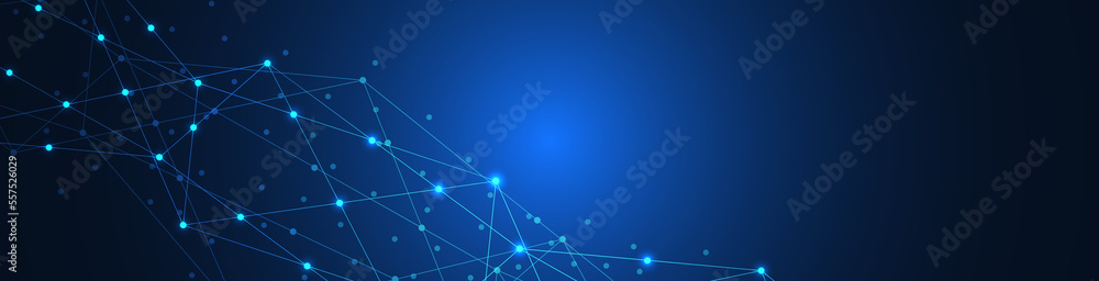 Leinwandbilder Website header or banner design with abstract geometric background and connecting dots and lines. Global network connection. Digital technology with plexus background and space for your text.