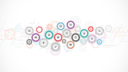 Information technology concept with infographic elements and flat icons. Cogs and gear wheel mechanisms. Hi-tech digital technology and engineering. Abstract technical background
