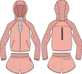 Women shell suit Hoodie with trail running short and sleeveless jacket design flat sketch illustration, Hooded jacket with front and back view, winter jacket for girl and women. © JERZEY DESINZ