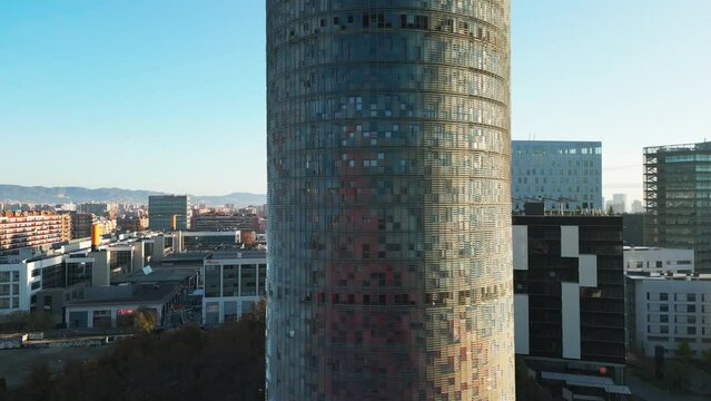 Aerial Drone view of Barcelona cityscape with octagon buildings. Modern architecture in a coastal city. Streets and blocks. Travelling. Catalonia, Spain. High quality 4k