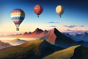 Fototapeta na wymiar Hot air balloons floating on top of beautiful mountains Generative AI Illustration