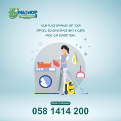 Cleaning service with professional equipment during work An employee of a professional cleaning service in overalls washes the glass of the windows of the facade of the building.