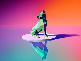 Naklejka premium Low poly dog on a bright colored background. Papier mache puppy statuette, frontal view. Generative AI.