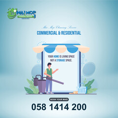 Cleaning service with professional equipment during work An employee of a professional cleaning service in overalls washes the glass of the windows of the facade of the building.