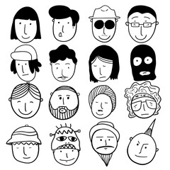 Set of sixteen hand drawn diverse faces, black and white portraits