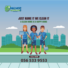 Cleaning service with professional equipment during work An employee of a professional cleaning service in overalls washes the glass of the windows of the facade of the building.