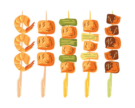 A set of yakitori meat on skewers on a white background. Asian food. Vector illustration for restaurants, menus, decor