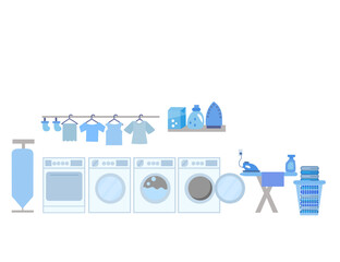Laundry room with facilities .Washing machine, dryer, detergent, hanger, iron and shirt.Powder and basket.Laundry service.Household concept.Cleaning supplies.Flat design.Cartoon vector illustration.