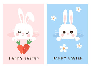 Happy Easter card with bunny rabbit in the hole cartoons with carrot, daisy flower and hand written fonts on pink and blue backgrounds vector.