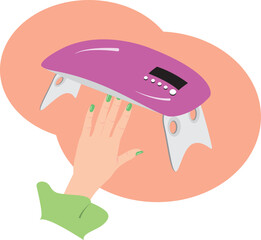 Gel nails are being illuminated by UV nail lamp machine. vector illustration.
