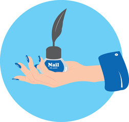 A hand holds a nail polish with a feather decoration, vector illustration.