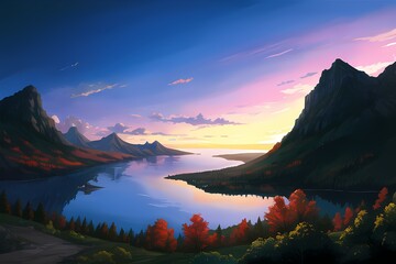 Fototapeta na wymiar Sunset on the field landscape Generative AI illustration