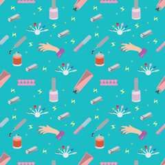 Manicure and pedicure tools or accessories, nail salon supplies. Hand cream, polish samples, files, scissors. Equipment for hand and foot care and treatment. Seamless vector illustration.